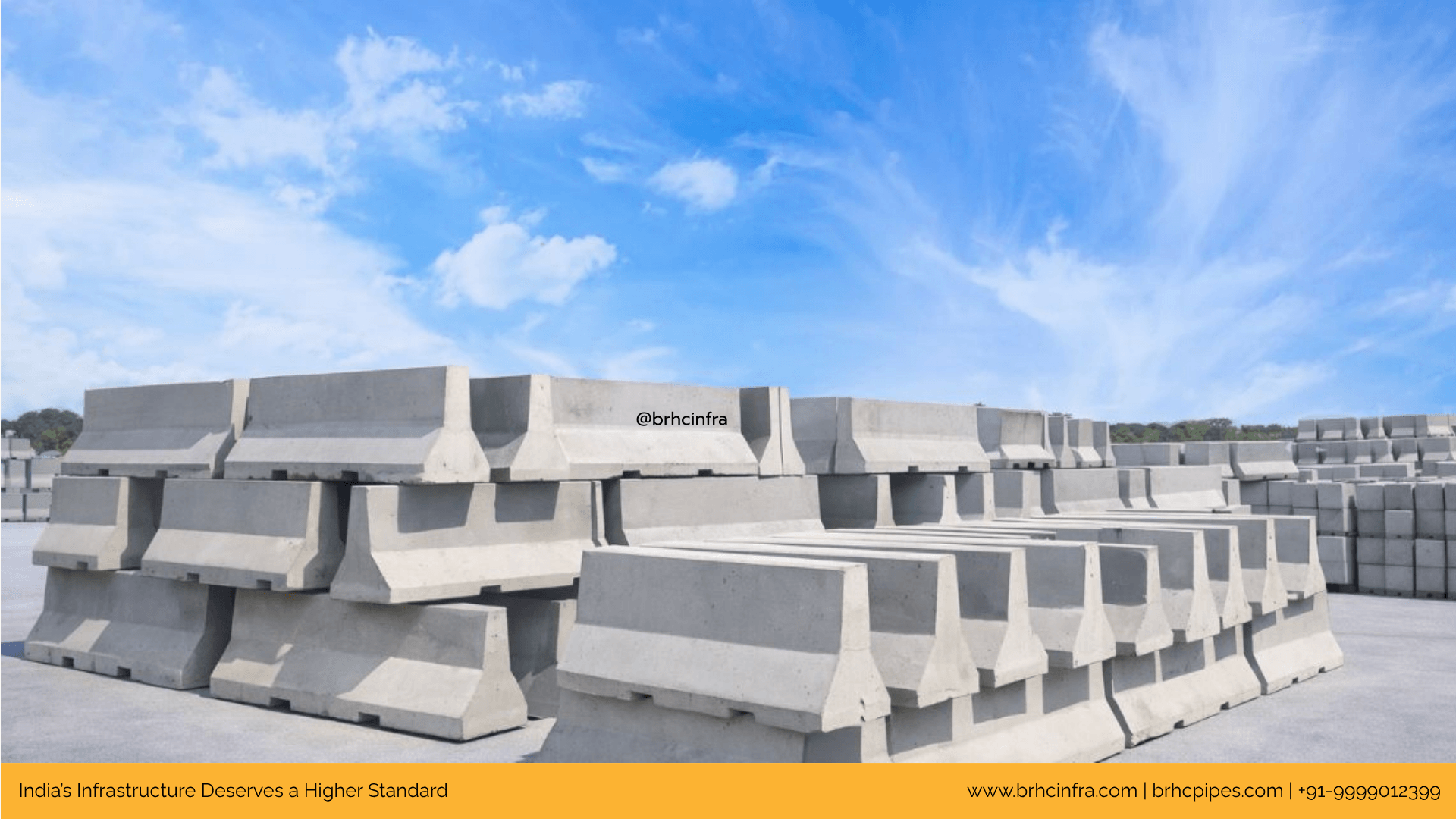 Precast RCC jersey barriers stacked at BRHCInfra manufacturing yard, Delhi NCR